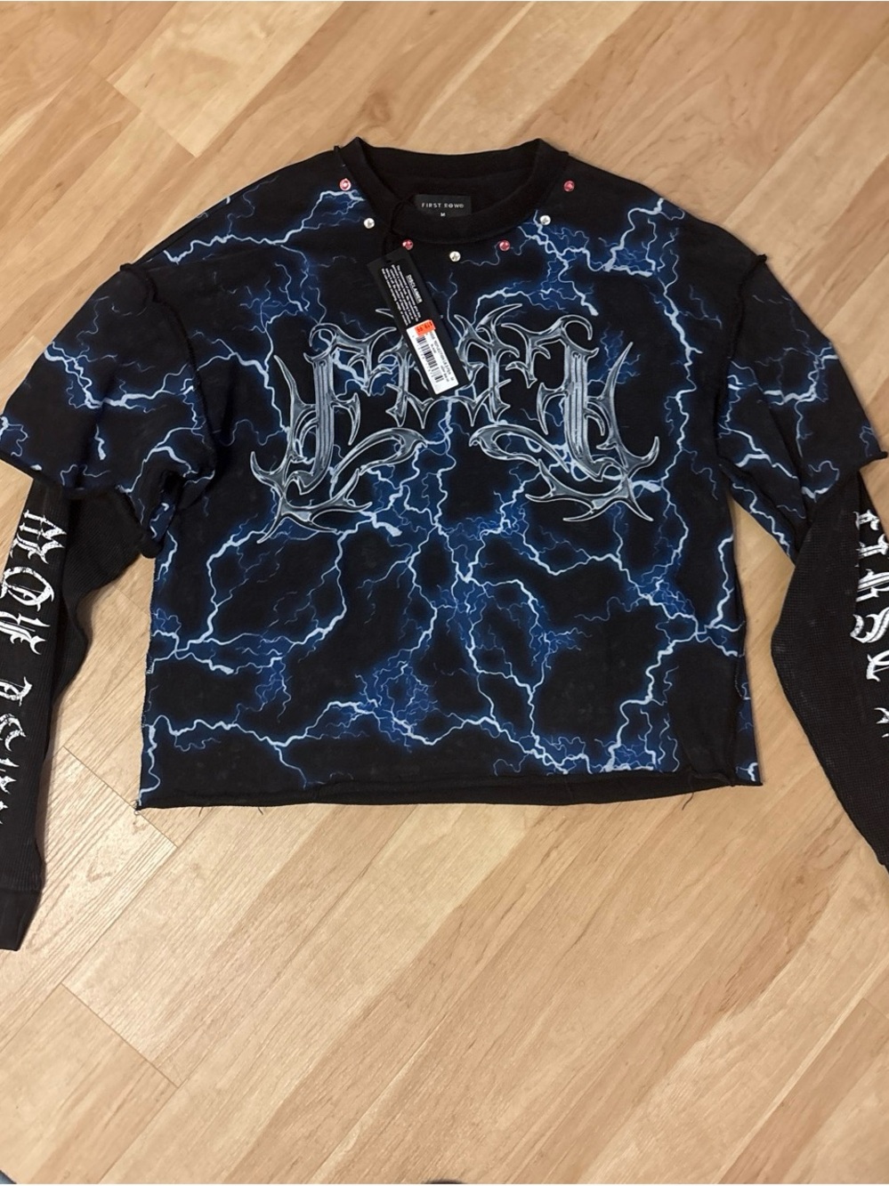 Bolt-Print Crewneck Sweater in Black & Blue